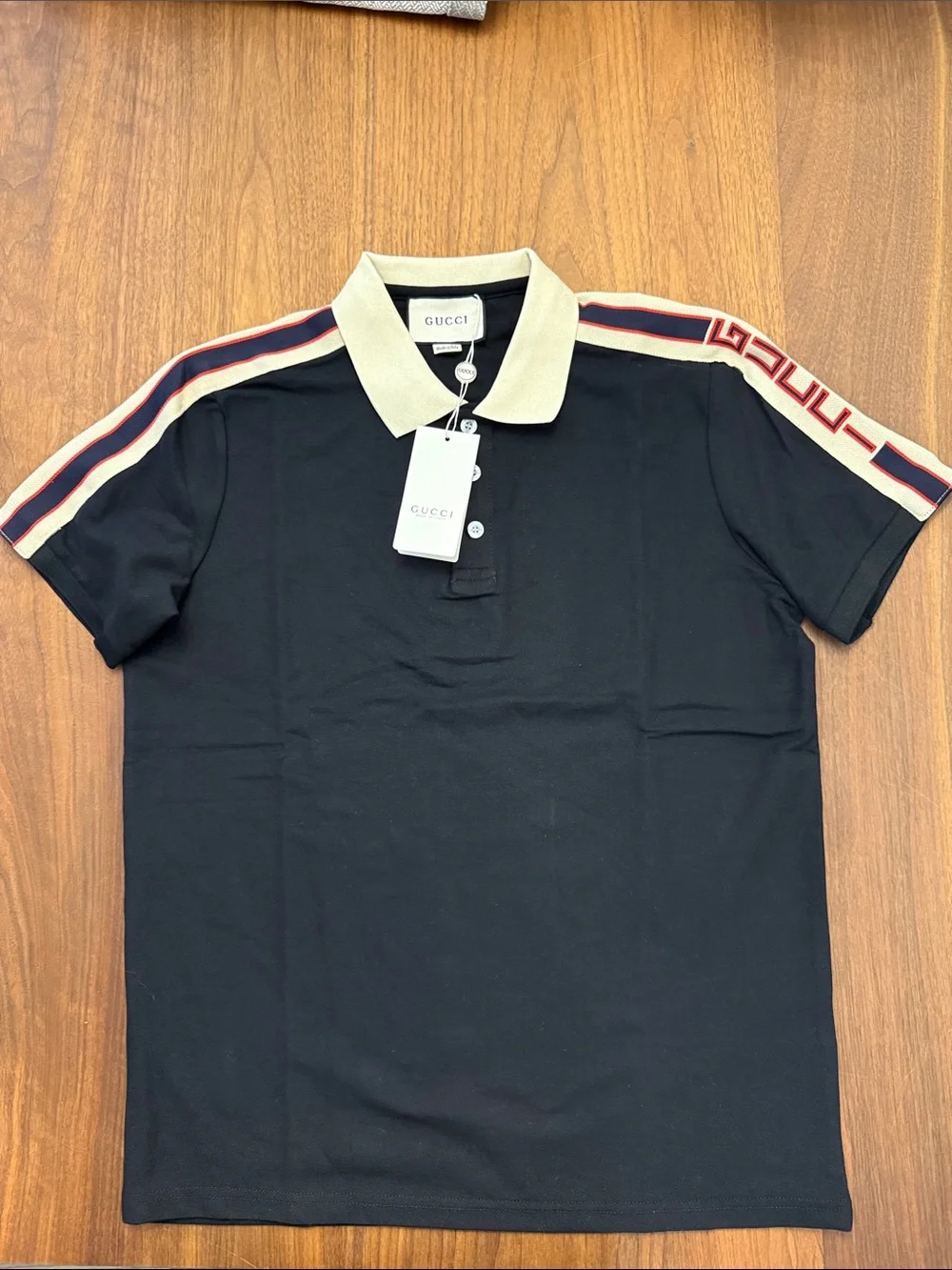 Gucci Black Polo with Cream Collar and Red-Blue Shoulder Stripes